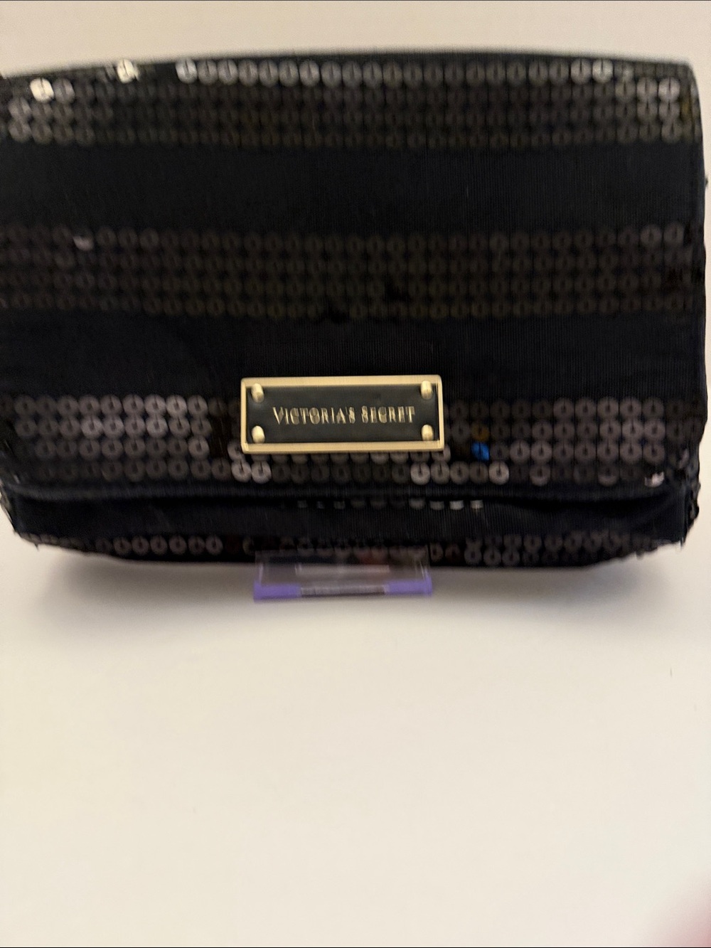Victoria's Secret Black Sequin Cosmetic Case with Logo Plaque